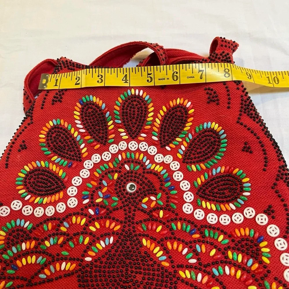 Red Beaded and Embroidered Peacock Satchel Purse‎ Vintage 1970s